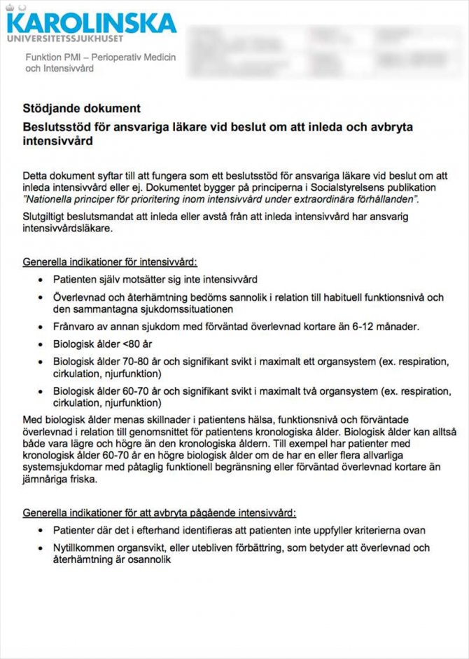 İsveç'teki hastaneden doktorlara "yaşlı Kovid-19 hastalarını yoğun bakıma almayın" talimatı